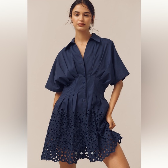 Anthropologie x Exquise The Tobie Button-Front Pleated Mini Shirt Dress Med NWT - Picture 1 of 16